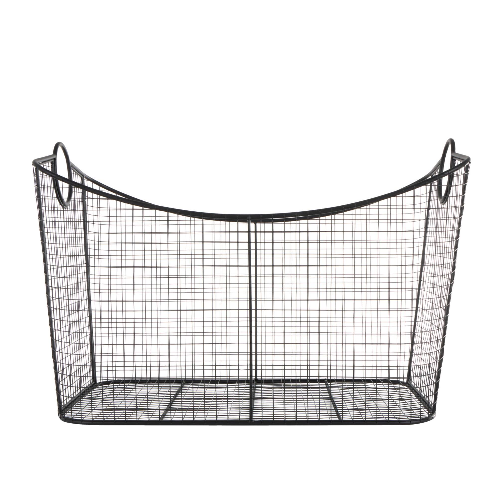 30.25" Black Metal Open Frame Wire Grid Storage Basket with Curved Sides & Ring Handles